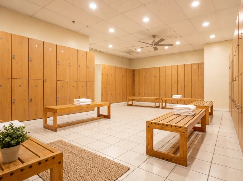 A bright locker room with oak lockers, wooden benches and folded white towels at Foundation Fitness Annapolis
