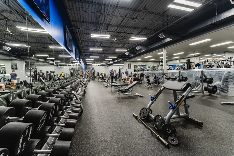 Dumbbell racks and benches on the free weights floor at Foundation Fitness Annapolis