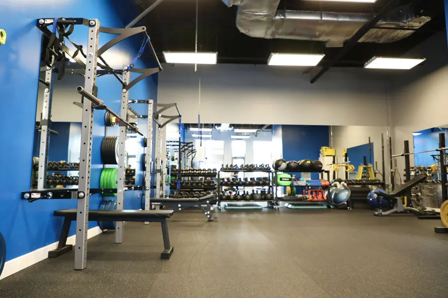 Strength equipment on the Bethesda studio floor