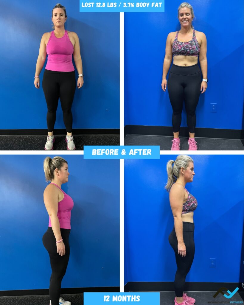 Before-and-after transformation of a Foundation Fitness personal-training client