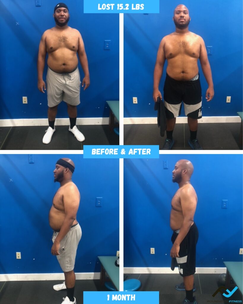 Before-and-after transformation of a Foundation Fitness personal-training client